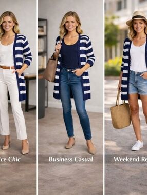 Sheer Navy White Striped Cardigan 3/4 Sleeves Coastal Capsule Nautical M